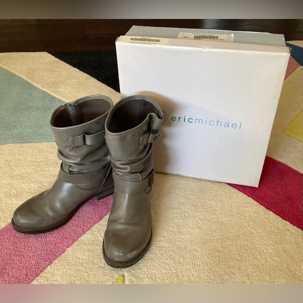 Eric Michael Grey Laguna Leather Slouch Moto Biker Boots Mid Calf Pull On 36